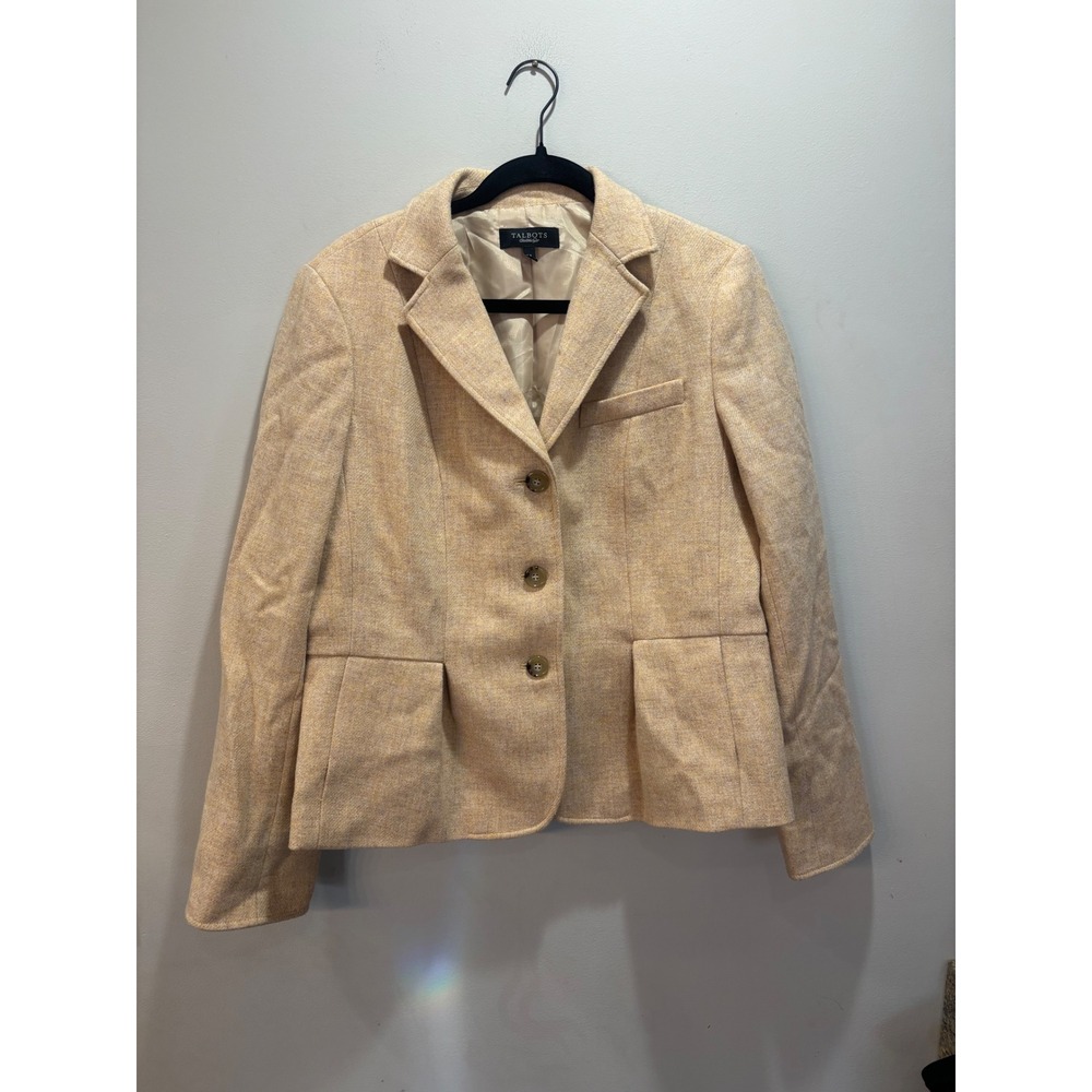 Talbots Womens Wool Blazer Tan Tweed Single Breasted Notch Lapel Size 14